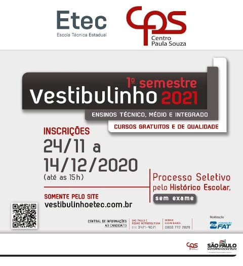 Últimos dias para se inscrever no Vestibulinho das Etecs para o primeiro semestre de 2021