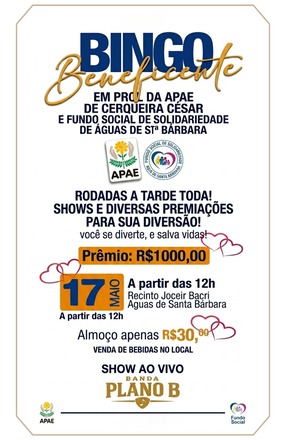 Bingo beneficente em prol da APAE e Fundo Social acontece neste domingo em Águas de Santa Bárbara