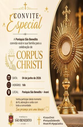 Paróquia São Benedito convida fiéis para missa e procissão de Corpus Christi