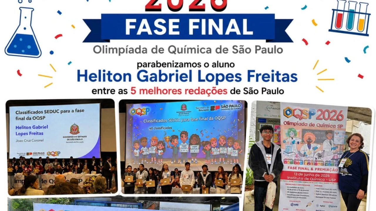 Aluno da Escola Coronel João Cruz fica entre os 5 melhores da Olimpíada Paulista de Química