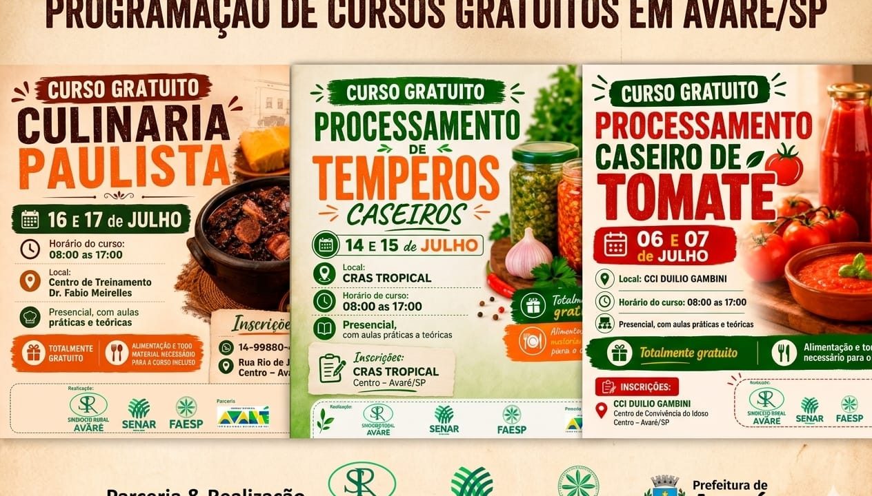 Sindicato Rural de Avaré abre inscrições para cursos gratuitos na área de alimentação em julho