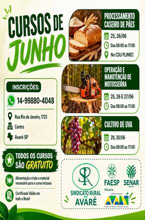 Sindicato Rural abre inscrições para três cursos gratuitos com certificado em Avaré