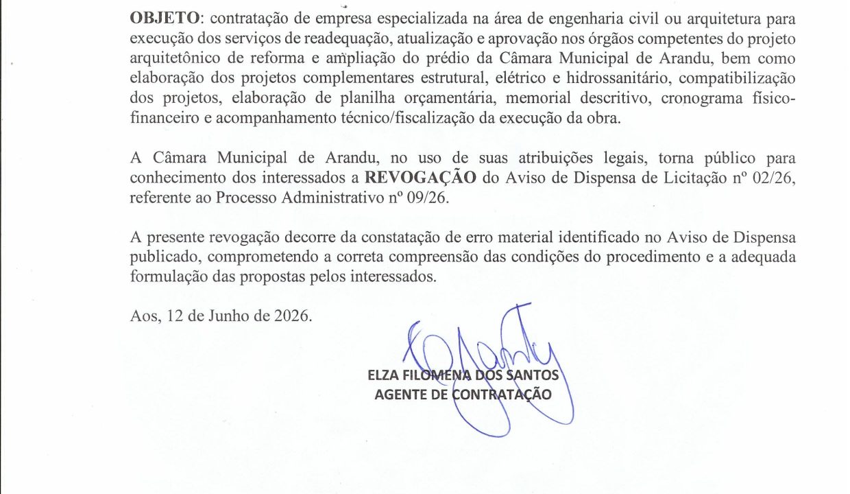 REVOGAÇÃO DO AVISO DE DISPENSA DE LICITAÇÃO Nº 02/26/ COM REPUBLICAÇÃO PARA NOVA DATA: 18/06/26 – ÀS 10H