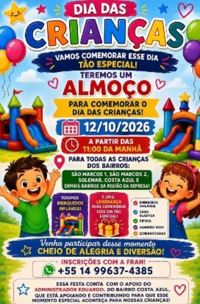 Festa das Crianças no Balneário Costa Azul terá brinquedos, guloseimas e lembrancinhas