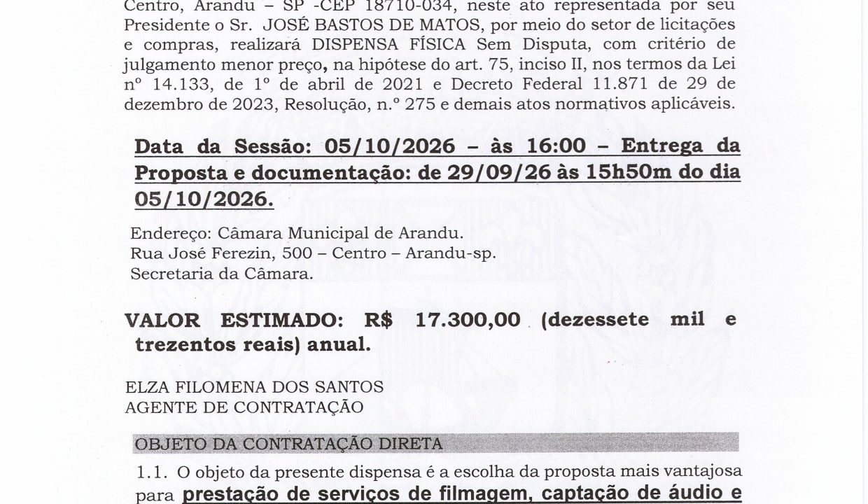 Câmara Municipal de Arandu publica aviso de dispensa física sem disputa nº 03/2026
