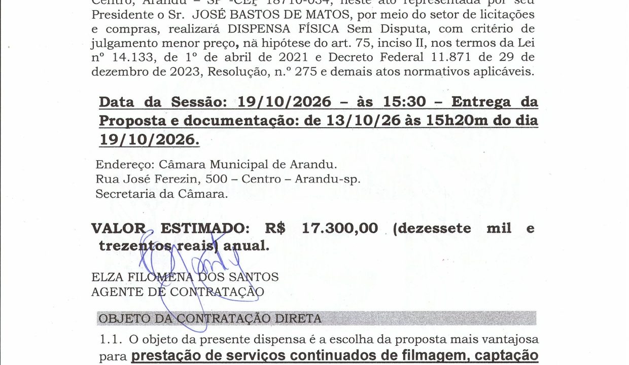 Arandu – Aviso de dispensa física sem disputa nº03/2026