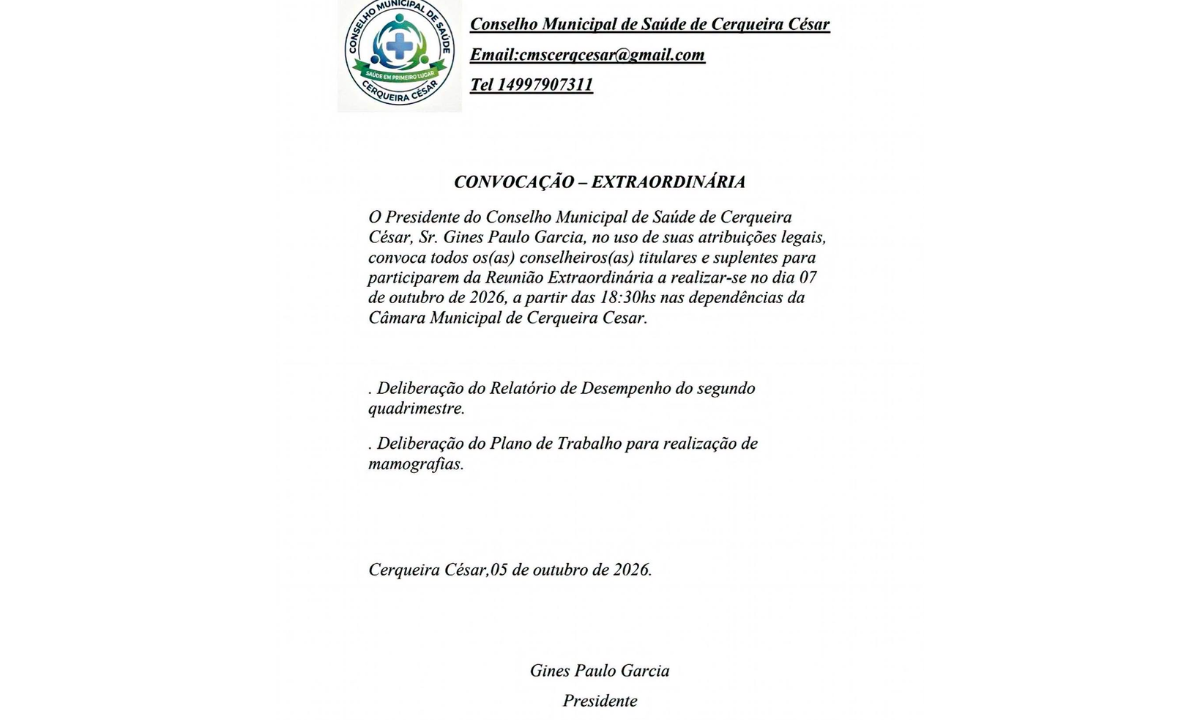Reunião aberta do Conselho Municipal de Saúde ocorre nesta quarta-feira (7) em Cerqueira César