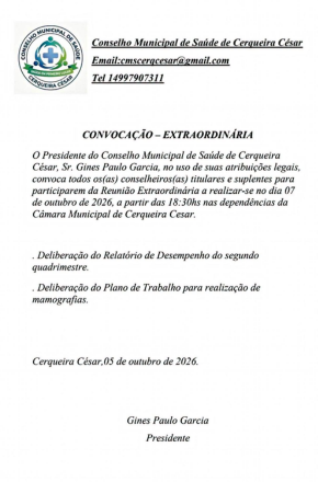 Reunião aberta do Conselho Municipal de Saúde ocorre nesta quarta-feira (7) em Cerqueira César