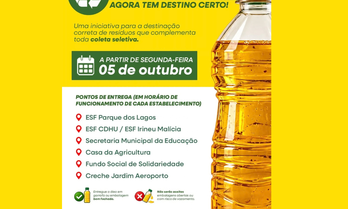 Águas de Santa Bárbara passa a receber óleo de cozinha usado em pontos de coleta