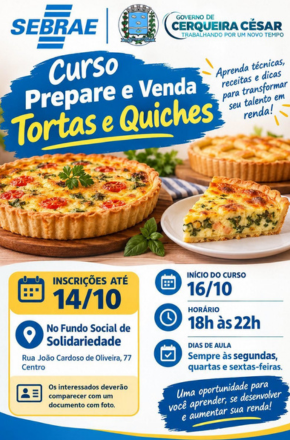 Sebrae oferece curso gratuito de preparo e venda de tortas e quiches em Cerqueira César