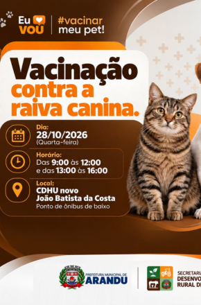 Arandu realiza vacinação antirrábica para cães e gatos no dia 28 de outubro
